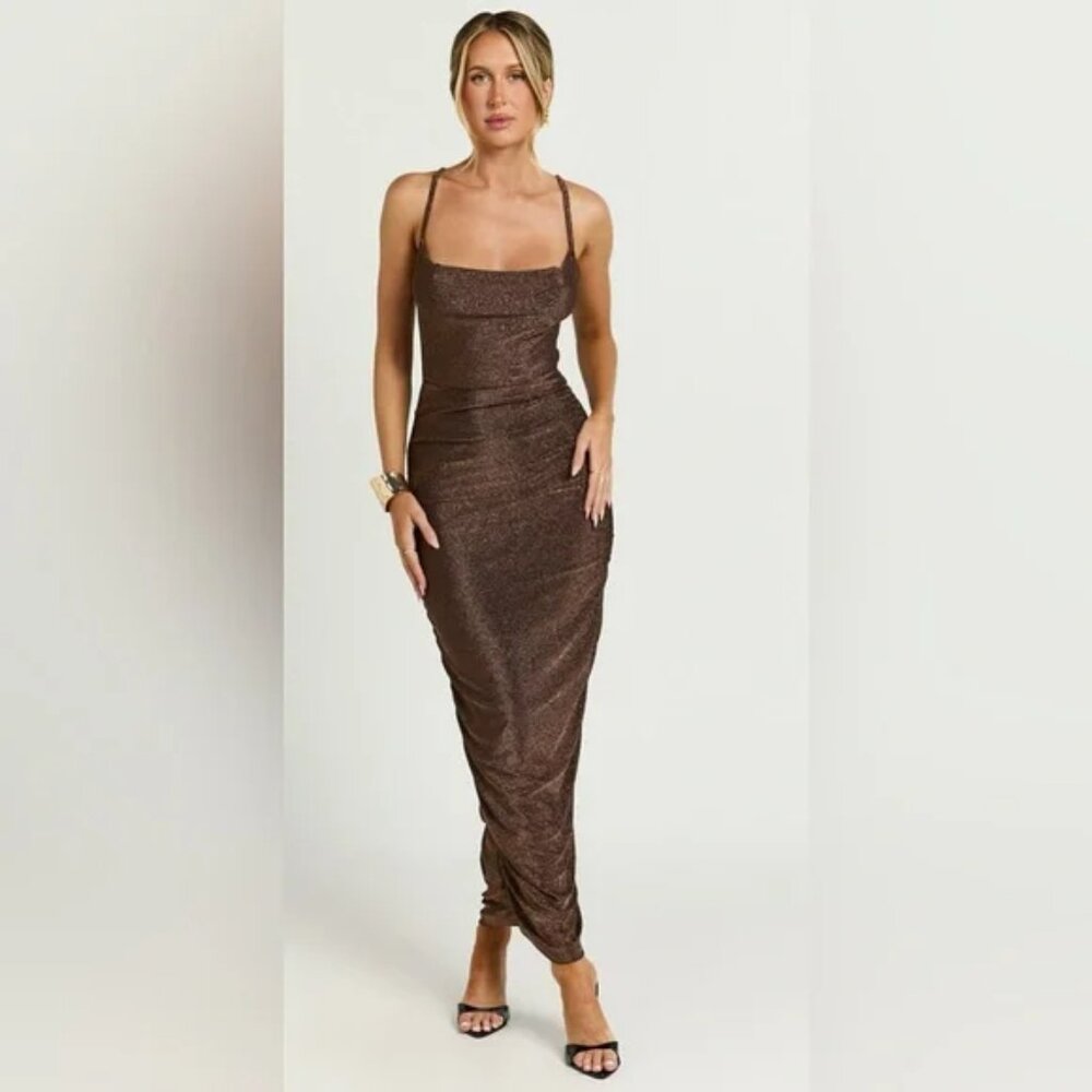 Showpo. Roma Midi Dress - Ruched Cowl Neck Dress in Chocolate Lurex